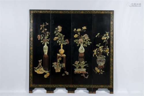 A Chinese four-panel room divider in precious stone-embellis...