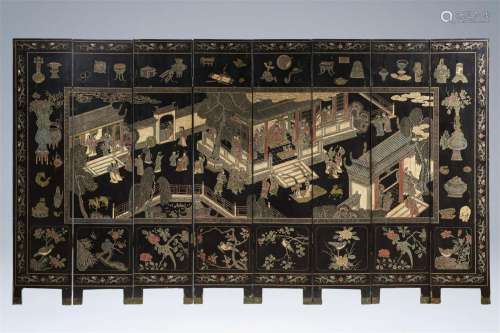 A Chinese eight-screen lacquered coromandel wood room divide...