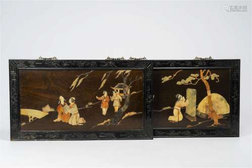 A pair of Chinese soapstone inlaid wood panels depicting fig...