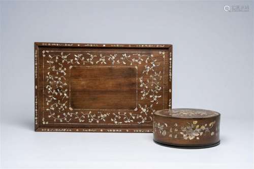 A large Chinese mother of pearl-inlaid wooden tray and a box...