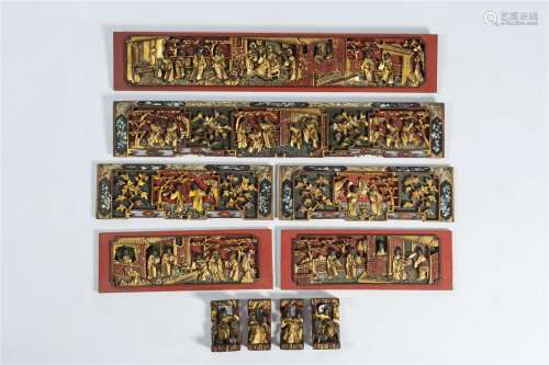 Six Chinese lacquered and gilt wood panels and four fragment...