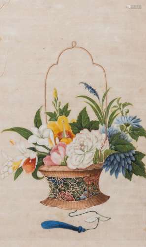 Chinese school, Canton: Three flower baskets, colours on pit...