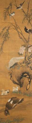 Chinese school: Ducks and birds near the water, ink and colo...