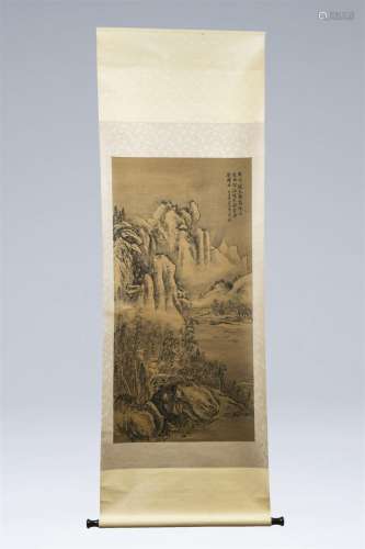 Chinese school: Mountain landscape, ink and colours on silk,...