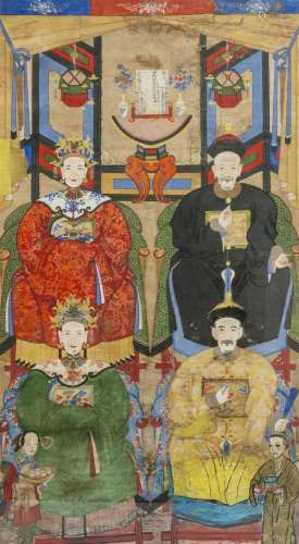 Chinese school: A large ancestor portrait, ink and colours o...