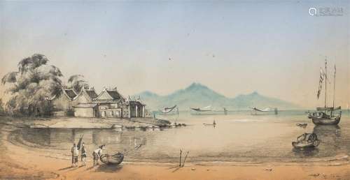 Chinese school, Canton: View on a bay, mixed media on paper,...