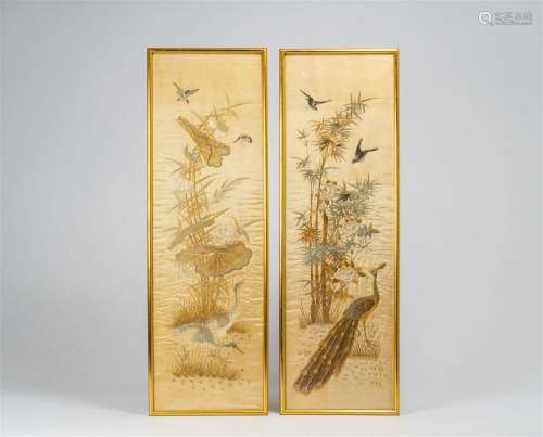 Five various Chinese embroidered silk panels with birds, but...