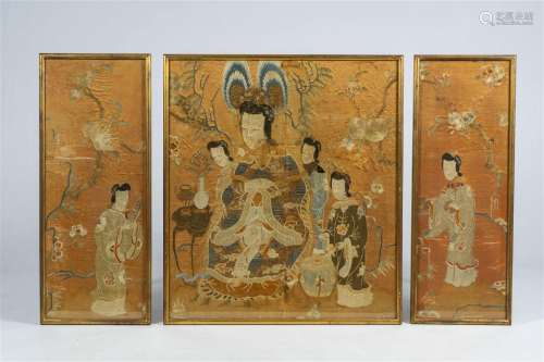 Three Chinese embroidered silk panels with gold threads and ...