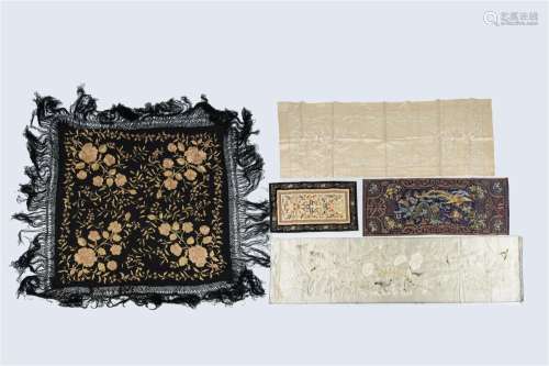 Five various Chinese embroidered silk cloths with fauna and ...