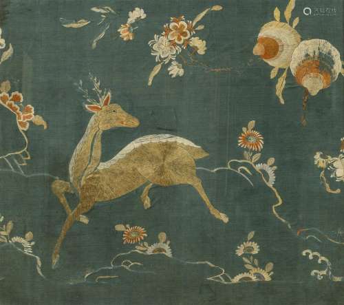 A pair of Chinese embroidered silk panels with deer, peaches...