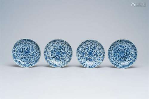 Four Chinese blue and white dishes with floral design, Kangx...
