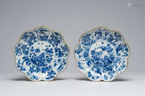 A pair of Chinese blue and white lotus-shaped plates, Kangxi