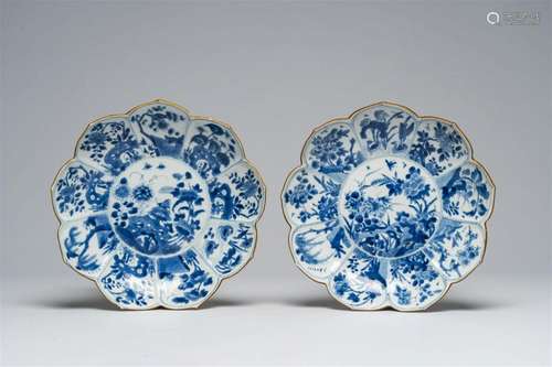 A pair of Chinese blue and white lotus-shaped plates, Kangxi