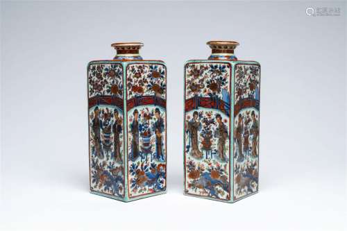 A pair of square Chinese clobbered blue and white bottles wi...