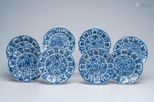 Eight Chinese blue and white plates with floral design, Kang...