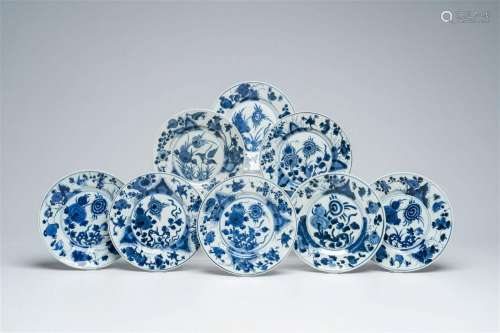 Eight Chinese blue and white plates with floral design, Kang...