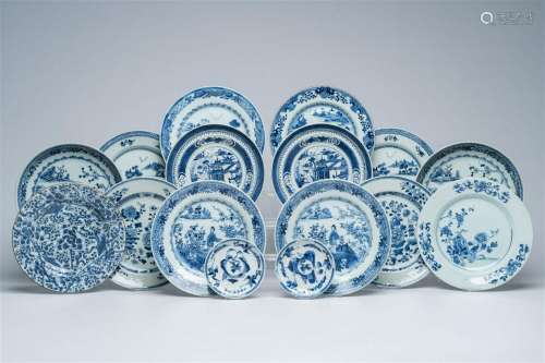 Fourteen Chinese blue and white plates and two saucers, Kang...