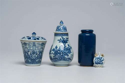 A Chinese blue and white snuff bottle, two covered beakers a...