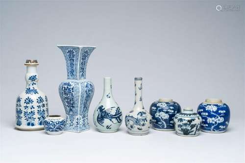 Eight various Chinese blue and white vases and jars, Kangxi ...