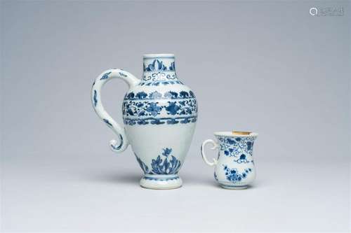 A Chinese blue and white ewer and a rare handled cup, Transi...