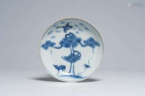 A Chinese blue and white 'deer and crane' dish, Chenghua mar...