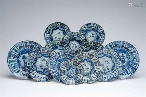 Twelve Chinese blue and white Wanli-style plates with floral...