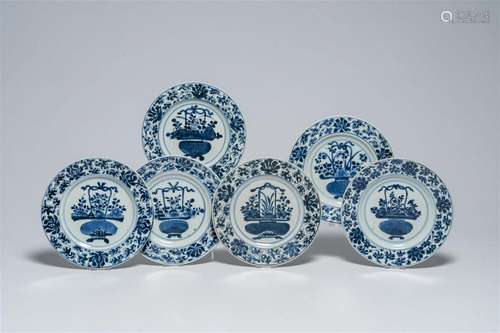 Six Chinese blue and white plates with a flower basket, Kang...