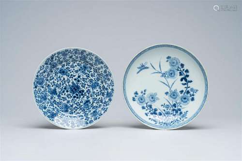 Two Chinese blue and white plates with floral design, Kangxi...