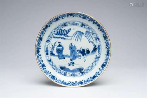 A Chinese blue and white plate with a narrative scene, Yongz...