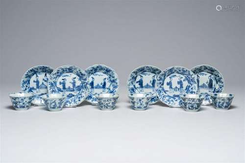 Six Chinese blue and white 'Long Eliza' cups and saucers wit...