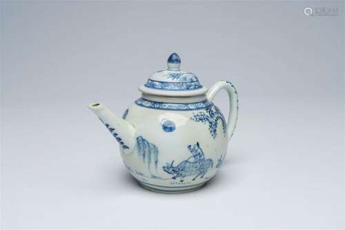 A Chinese blue and white teapot and cover with a boy and wat...