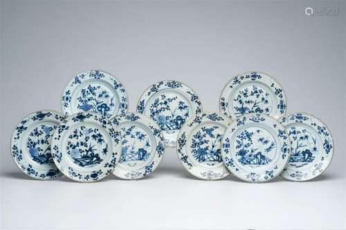 Nine Chinese blue and white plates with floral design, Yongz...