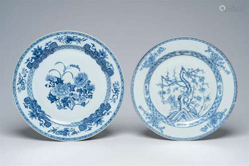 Two Chinese blue and white chargers with floral design, Yong...