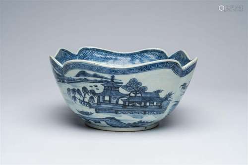 A Chinese blue and white salad bowl with an animated river l...