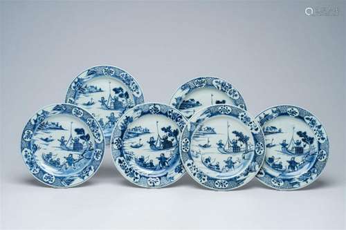 Six Chinese blue and white 'fishermen' plates, Qianlong