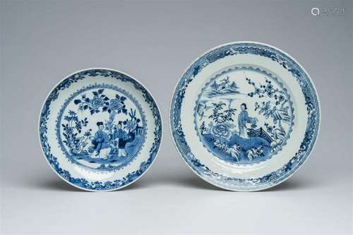 Two Chinese blue and white dishes with figures in a landscap...