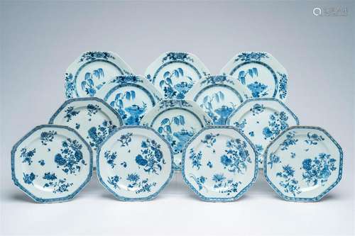 Twelve Chinese blue and white plates with floral design, Qia...