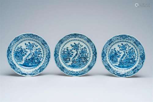 Three Chinese blue and white plates with pheasants among blo...