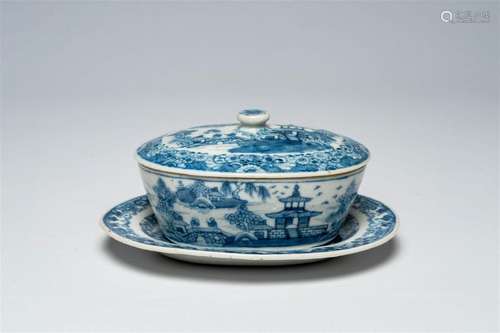 A Chinese blue and white butter tub on stand with an animate...