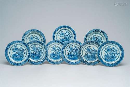 Nine Chinese blue and white plates with an incense burner in...