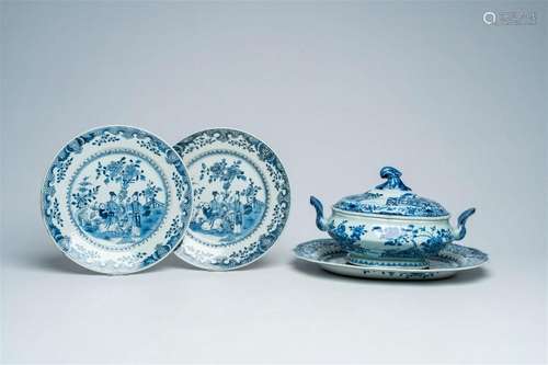 A pair of Chinese blue and white plates with figures in a la...