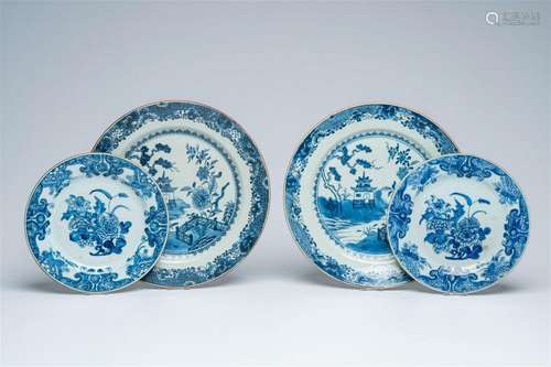 A pair of Chinese blue and white 'landscape' chargers and a ...