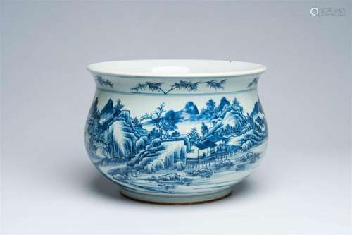 A large Chinese blue and white censer with a river landscape...