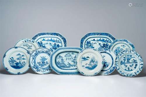 Seven Chinese blue and white plates and three chargers with ...