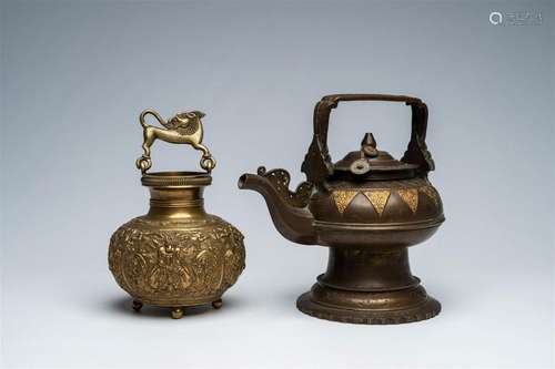 A Tibetan partly gilt bronze ewer and an Indian jar, 19th C.