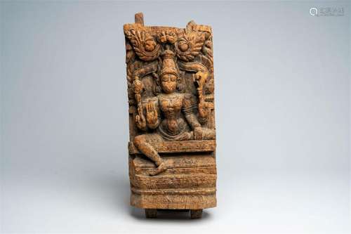 An South-Indian carved wood 'Shri Lakshmi' relief, 19th C.