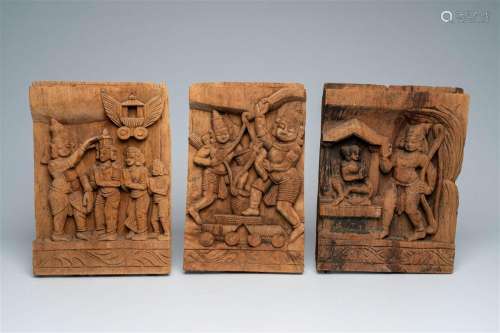 Three decorative South-Indian carved wood architectural elem...