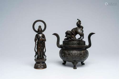 A Japanese bronze Kannon figure and a censer with cover, Edo...