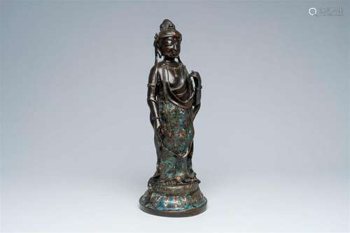 A Japanese champlevé figure of Kannon with inlay, Meiji, 19t...