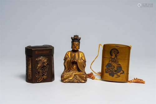 Two Japanese lacquered inro and a Chinese gilded wooden Budd...